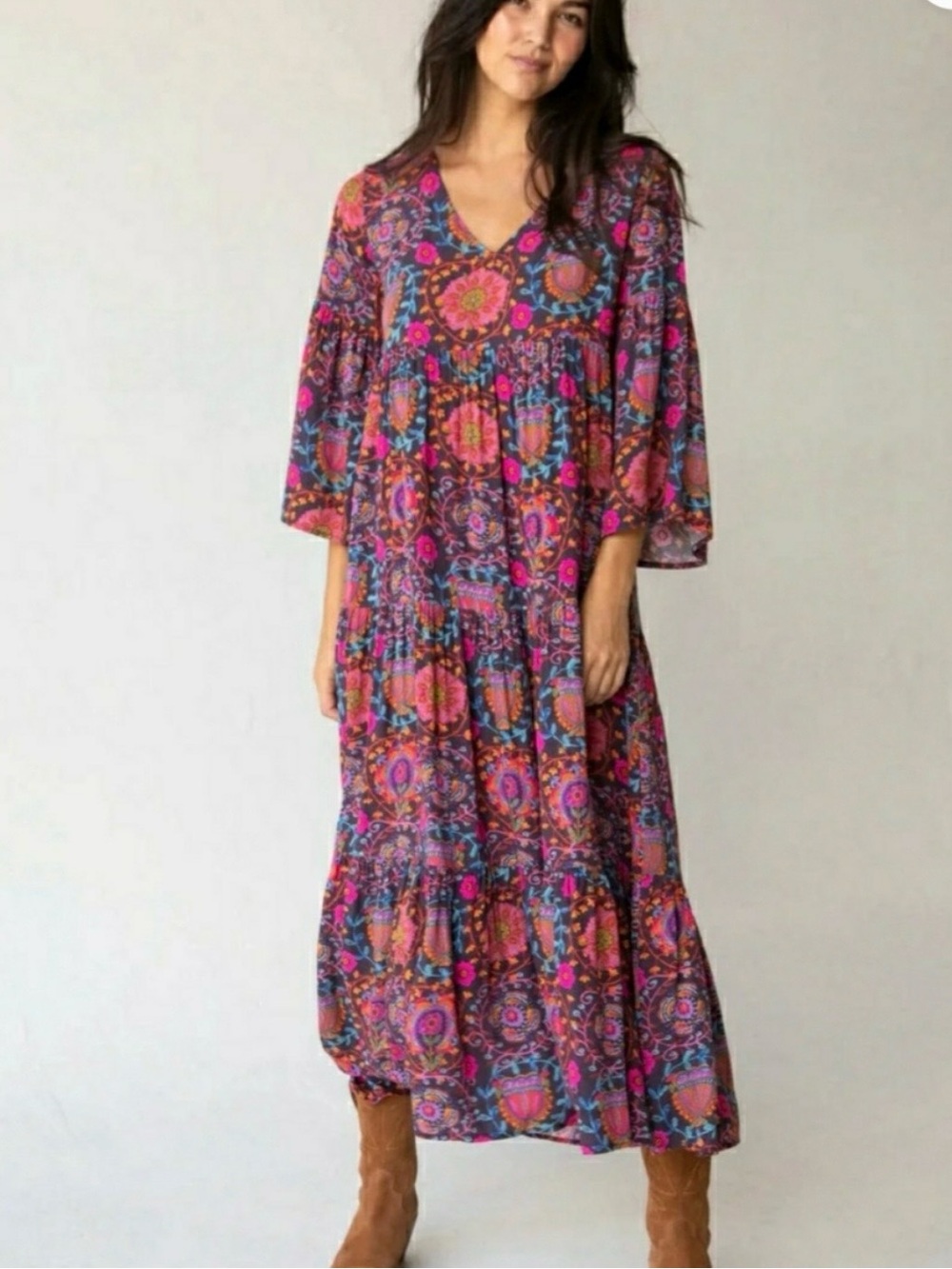 Natural Life, Bohemian V-Neck Floral Tiered Maxi Dress in Pink and Blue